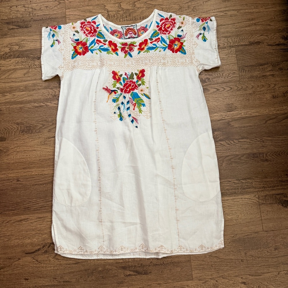 $278 JOHNNY WAS 💯 Linen Floral  Embroidered, BOHO, Shift Dress M, Medium.